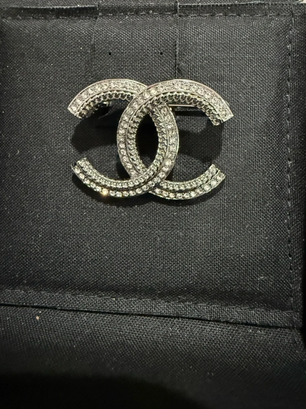 CHANEL Silver Crystal CC Logo Brooch